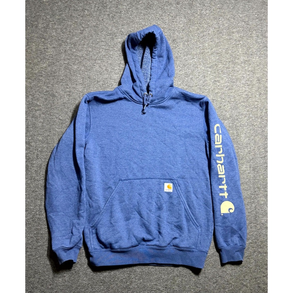 Carhartt K288 Logo Sweatshirt Mens Small Blue Fleece Lined Loose Fit Hooded